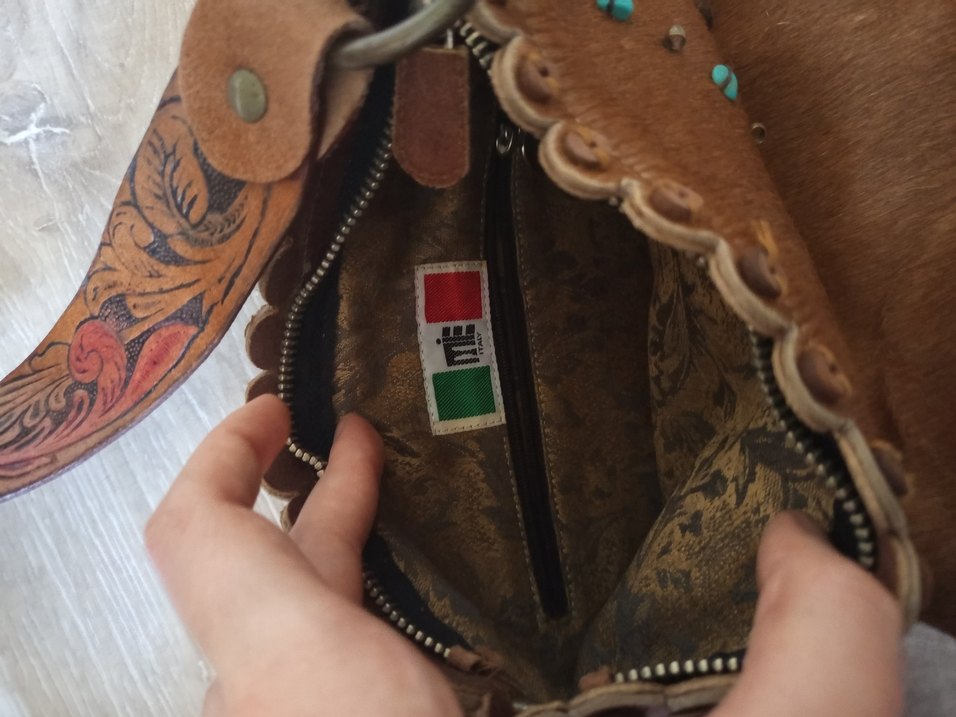 Kahverengi Nakışlı Kürklü Deri Bohem Çanta - Görsel 5