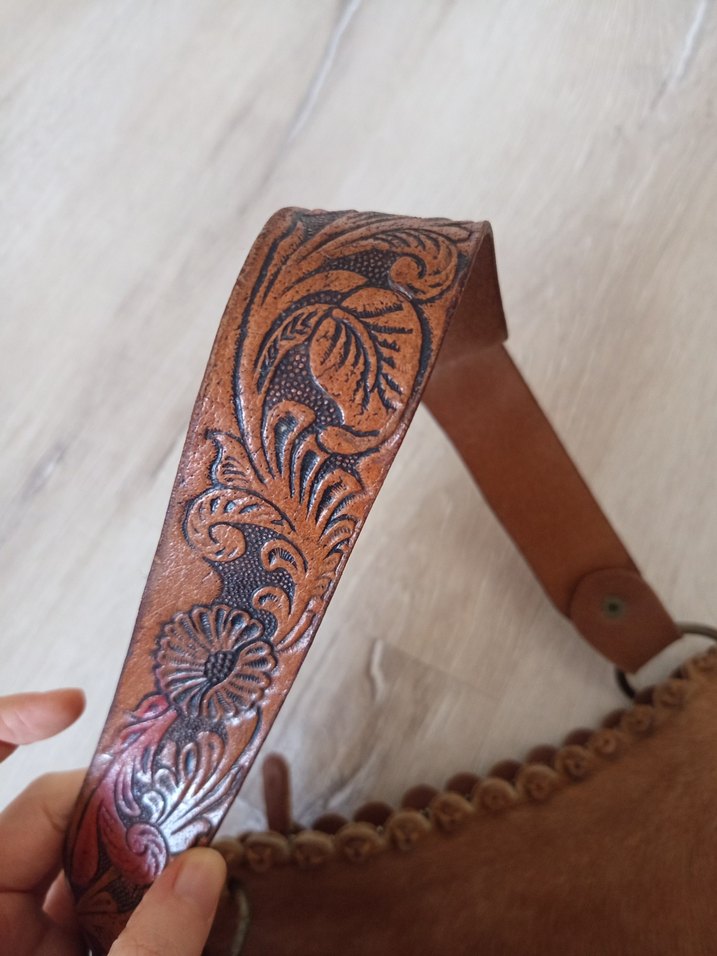 Kahverengi Nakışlı Kürklü Deri Bohem Çanta - Görsel 2