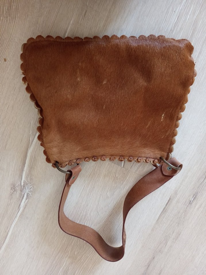 Kahverengi Nakışlı Kürklü Deri Bohem Çanta - Görsel 3