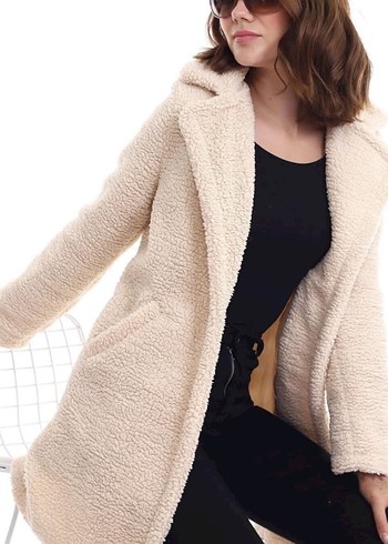 Bej Midi Kadın Peluş Kaban - Görsel 2