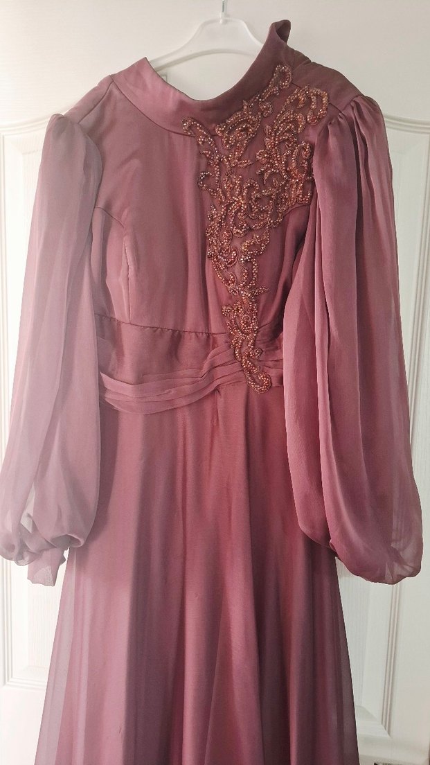 Bordo Uzun Kollu Drapeli Abiye Elbise - Görsel 2