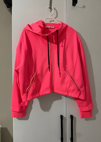 Fermuarlı Kapüşonlu Kısa Pembe Sweatshirt - Görsel 2