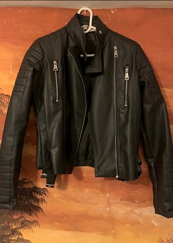 Fermuarlı Siyah Deri Biker Ceket