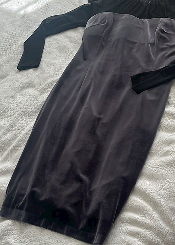 Gri Transparan Detaylı Uzun Kollu Kalem Elbise - Görsel 3