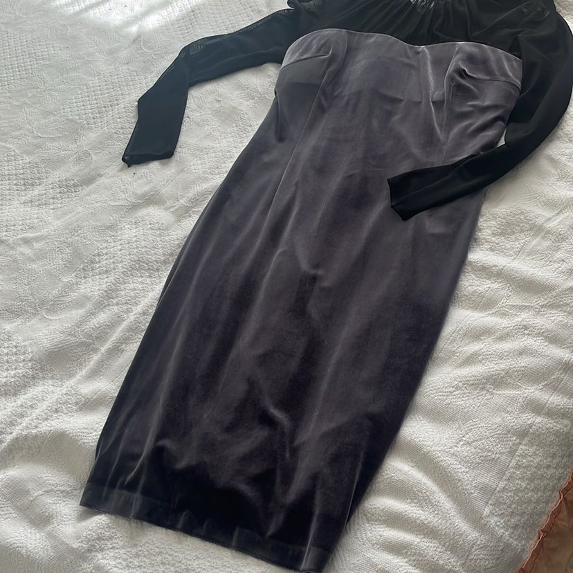 Gri Transparan Detaylı Uzun Kollu Kalem Elbise - Görsel 3