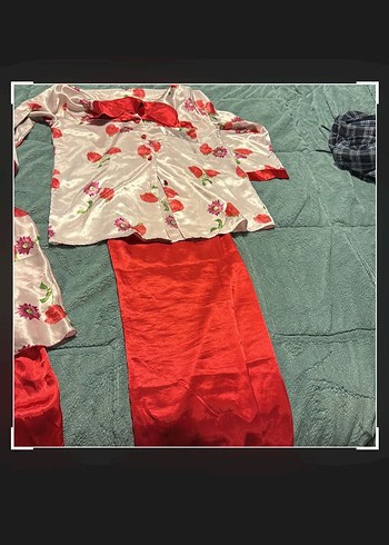 Kırmızı Vintage Bohem Kadın Pijama Takımı - Görsel 3