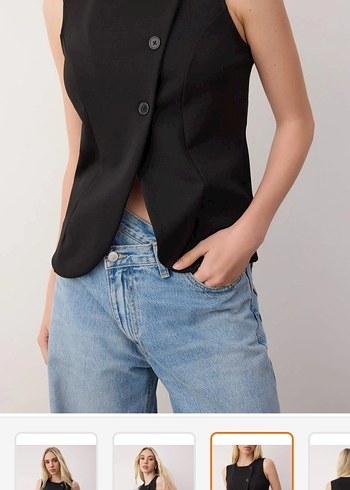 Düğmeli Siyah Denim Kadın Yelek - Görsel 3