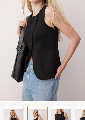 Düğmeli Siyah Denim Kadın Yelek - Görsel 2