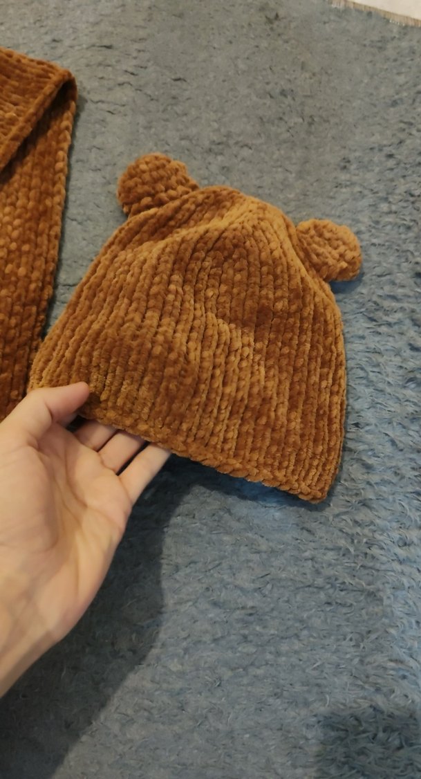 Kahverengi Örgü Çocuk Bere ve Atkı Seti - Görsel 2