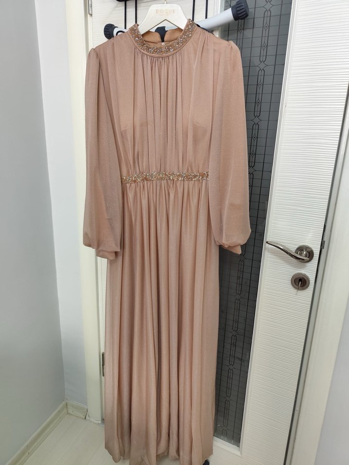 Gold Renkli Uzun Kollu Bohem Abiye Elbise - Görsel 2