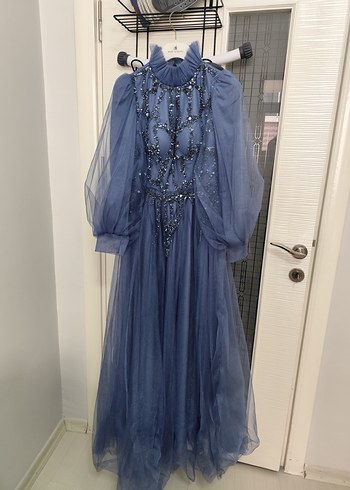 Uzun Kollu Mavi Bohem Zarif Nişan Elbisesi - Görsel 4