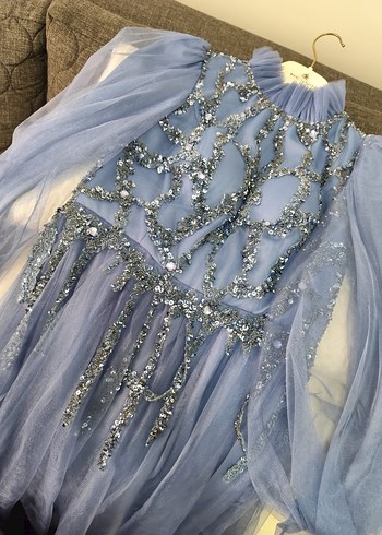 Uzun Kollu Mavi Bohem Zarif Nişan Elbisesi - Görsel 3