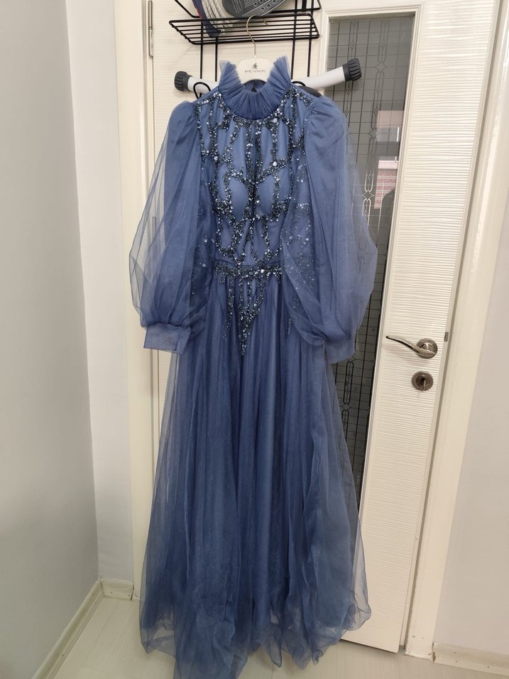 Uzun Kollu Mavi Bohem Zarif Nişan Elbisesi - Görsel 4