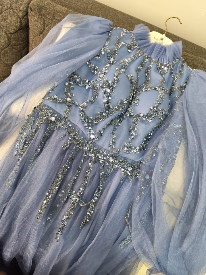 Uzun Kollu Mavi Bohem Zarif Nişan Elbisesi - Görsel 3