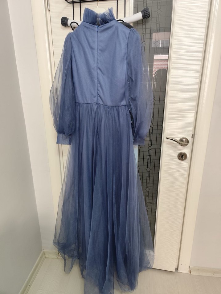 Uzun Kollu Mavi Bohem Zarif Nişan Elbisesi - Görsel 5