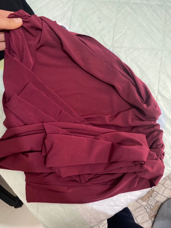 Bordo Tek Omuzlu Uzun Kollu Kısa Bluz - Görsel 2