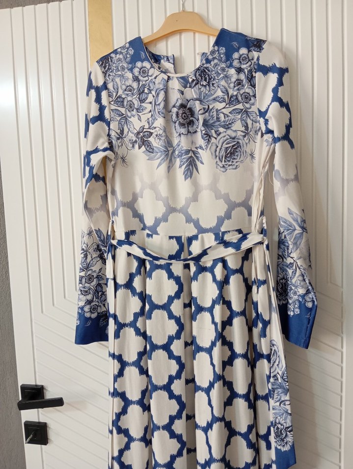 Uzun Kollu Mavi Bağlamalı Bohem Elbise - Görsel 2