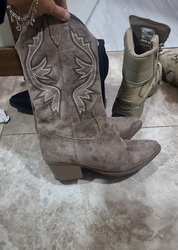 Nakışlı vizon renk Western çizme kovboy çizme