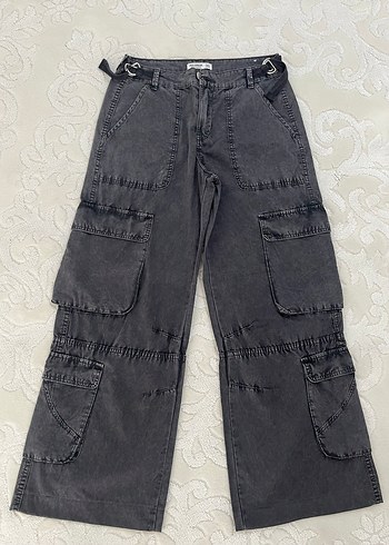 Pull and Bear Gri Bol Kesim Kemerli Denim Kadın Pantolon