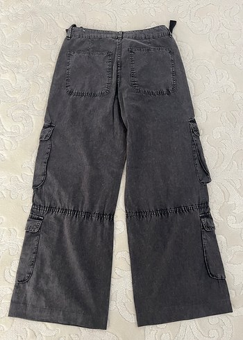 34 Beden Gri Bol Kesim Kemerli Denim Kadın Pantolon