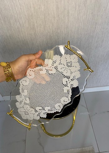 Nakış Desenli Vintage Beyaz Tepsi epoksi - Görsel 2