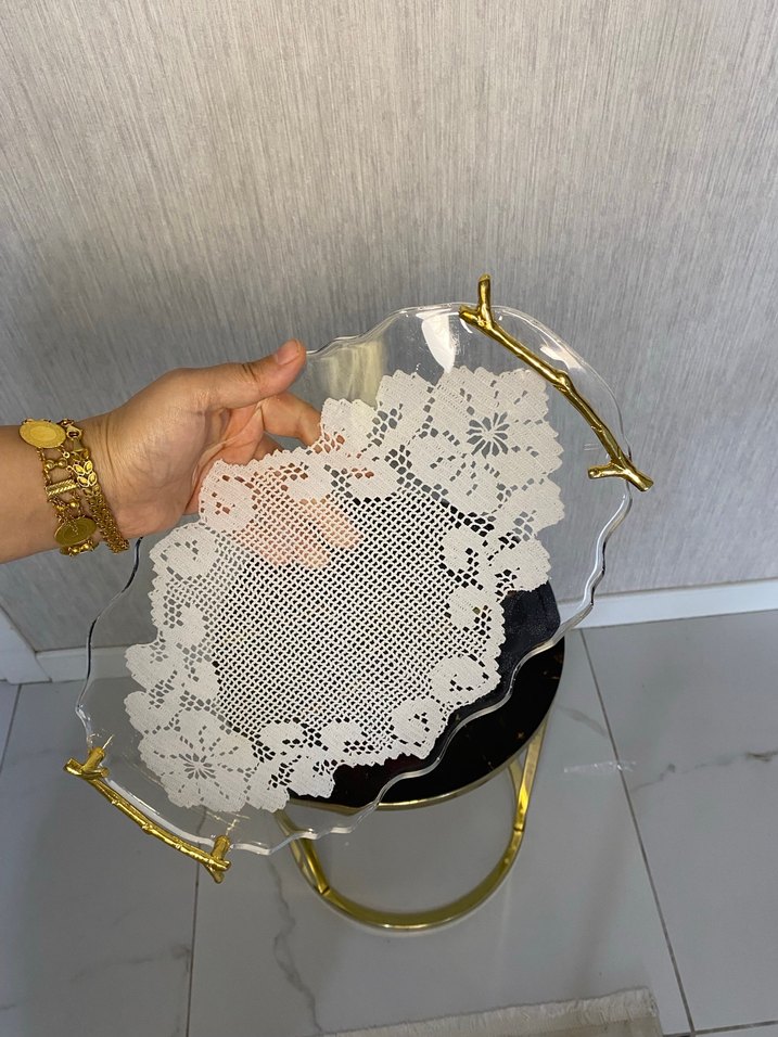 Nakış Desenli Vintage Beyaz Tepsi epoksi - Görsel 2