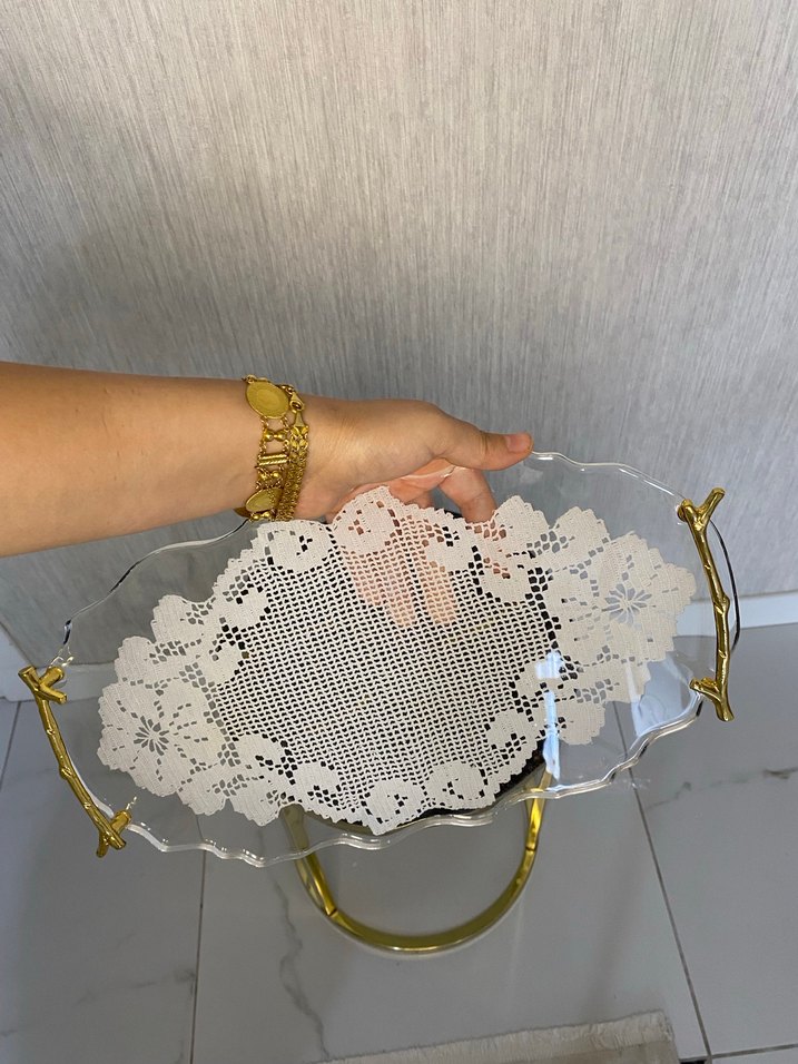 Nakış Desenli Vintage Beyaz Tepsi epoksi - Görsel 3