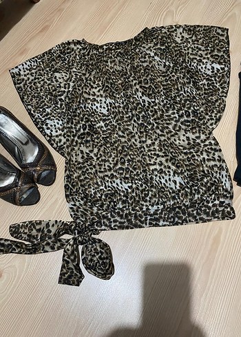 xl Beden Kahverengi Leopar Desenli Bluz