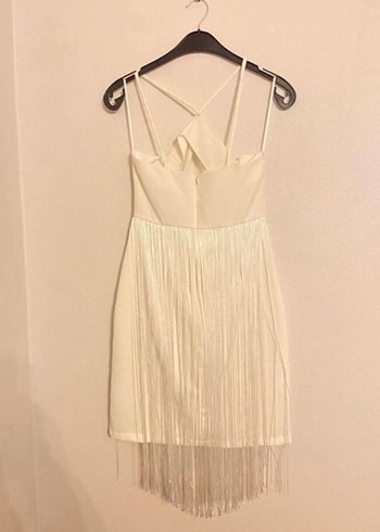 Beyaz Mini Straplez İşlemeli Abiye Elbise - Görsel 2