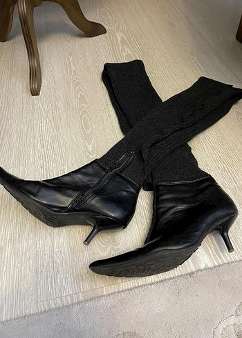 Siyah Örme Dizüstü Stiletto Çizme