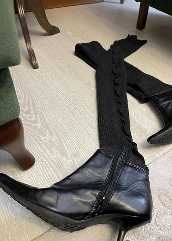 36 Beden Siyah Örme Dizüstü Stiletto Çizme