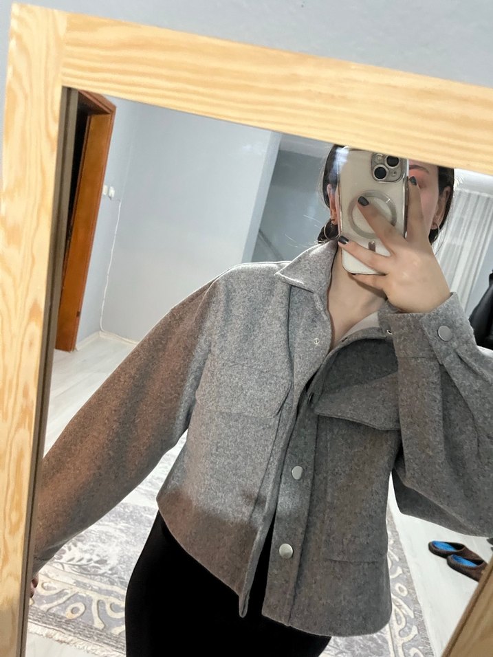 Gri Midi Yün Kadın Ceket - Görsel 2