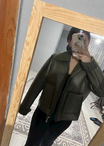 Haki Kürklü Deri Kadın Ceket - Görsel 2