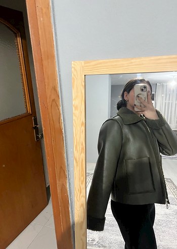 Haki Kürklü Deri Kadın Ceket - Görsel 4