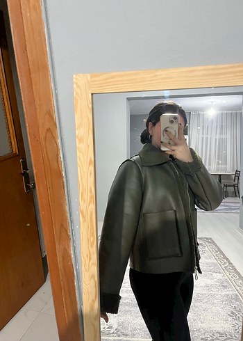 Haki Kürklü Deri Kadın Ceket - Görsel 3