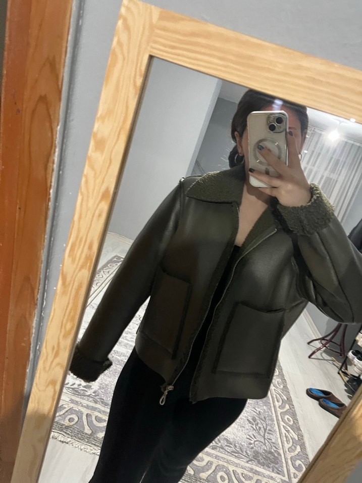 Haki Kürklü Deri Kadın Ceket - Görsel 2