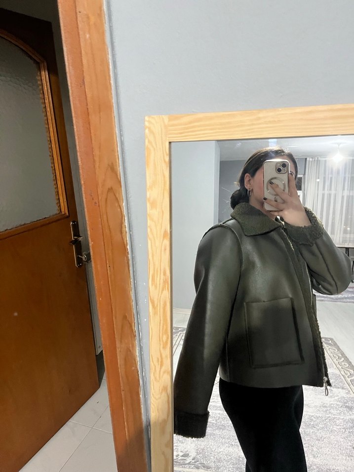 Haki Kürklü Deri Kadın Ceket - Görsel 4