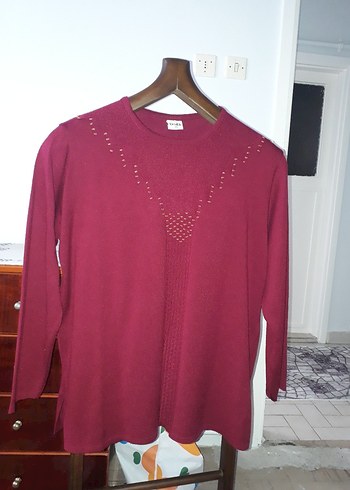 Bordo Nakışlı Triko Kadın Bluz - Görsel 2