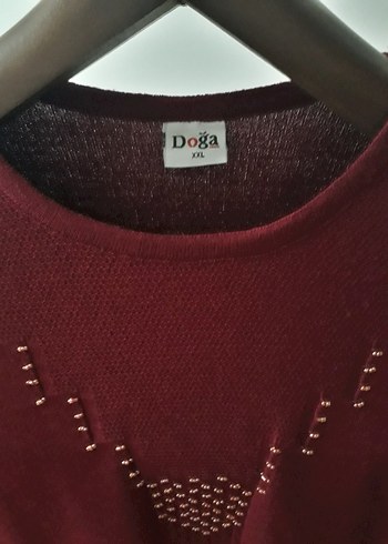 Bordo Nakışlı Triko Kadın Bluz - Görsel 3