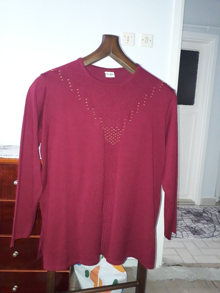 Bordo Nakışlı Triko Kadın Bluz - Görsel 2