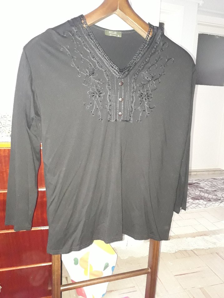 Siyah Nakışlı V Yaka Uzun Kollu Bluz - Görsel 3