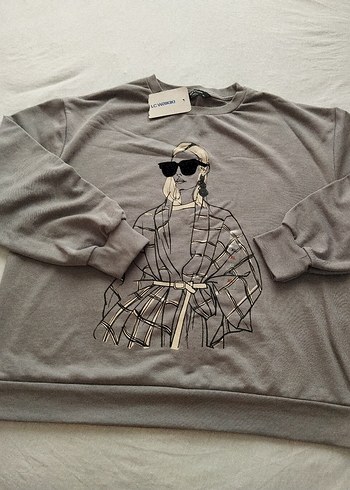LC Waikiki Gri Baskılı Kemerli Kadın Sweatshirt