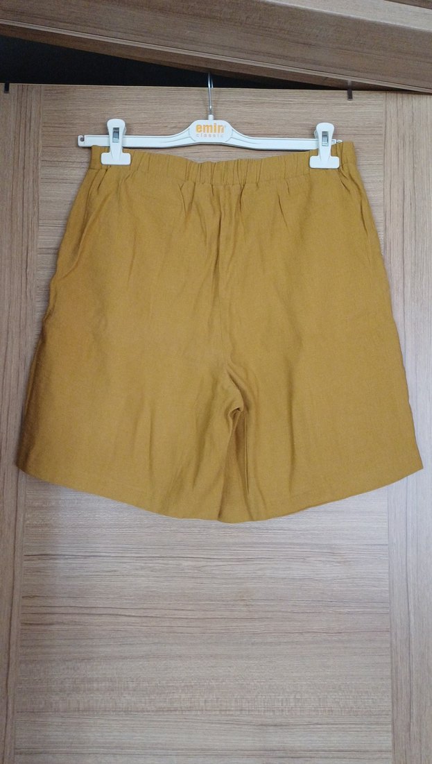 Kadın Hardal Yüksek Bel Keten Şort - Görsel 2