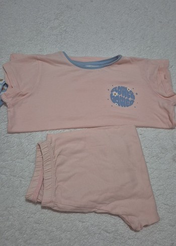 6 Yaş Beden pembe Renk Kız Çocuk Pembe Çiçek Desenli Kısa Kollu Pijama