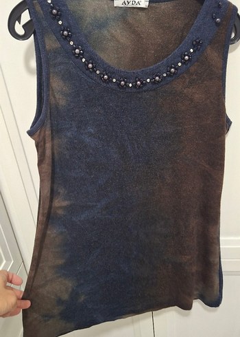 Boncuk Detaylı Koyu Lacivert Batik Denim Kadın Yelek