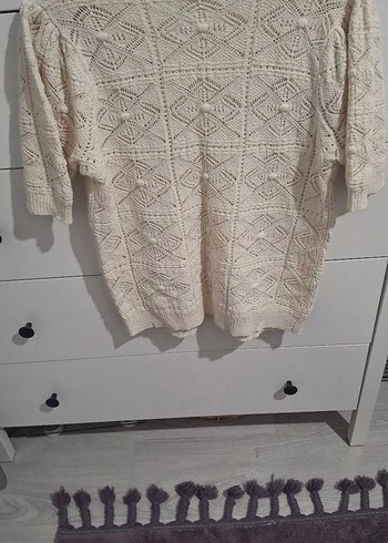 Kadın Beyaz V Yaka Örgü Bohem Kısa Kollu Kazak - Görsel 3