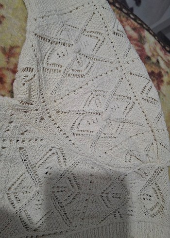 Kadın Beyaz V Yaka Örgü Bohem Kısa Kollu Kazak - Görsel 5