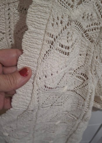 Kadın Beyaz V Yaka Örgü Bohem Kısa Kollu Kazak - Görsel 2