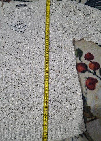 Kadın Beyaz V Yaka Örgü Bohem Kısa Kollu Kazak - Görsel 6