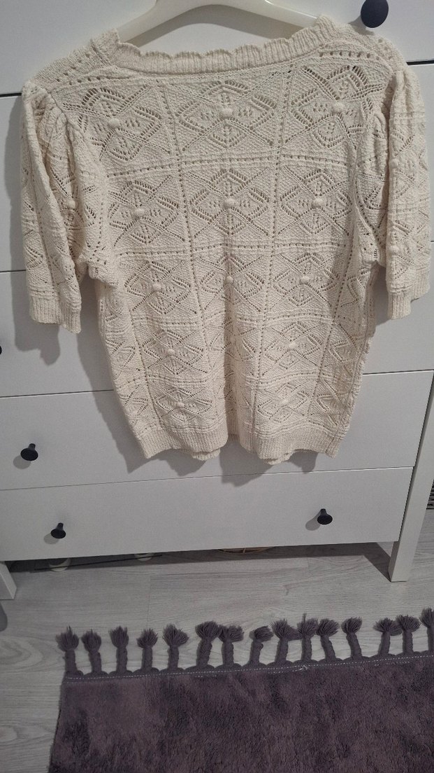 Kadın Beyaz V Yaka Örgü Bohem Kısa Kollu Kazak - Görsel 3